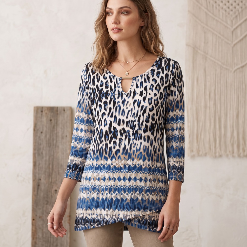 New Directions Blue Leopard Top Gold Keyhole Boho Mob Wife Eclectic Tunic Art M
